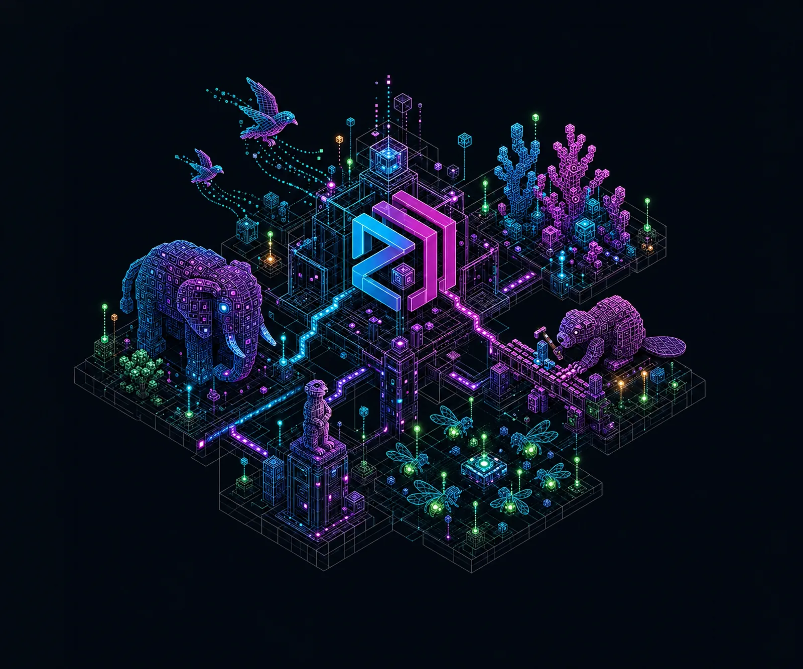 An isometric digital ecosystem built around the ZooBC network, with an elephant, birds, a beaver, meerkat keepers, coral applications, and glowing live nodes