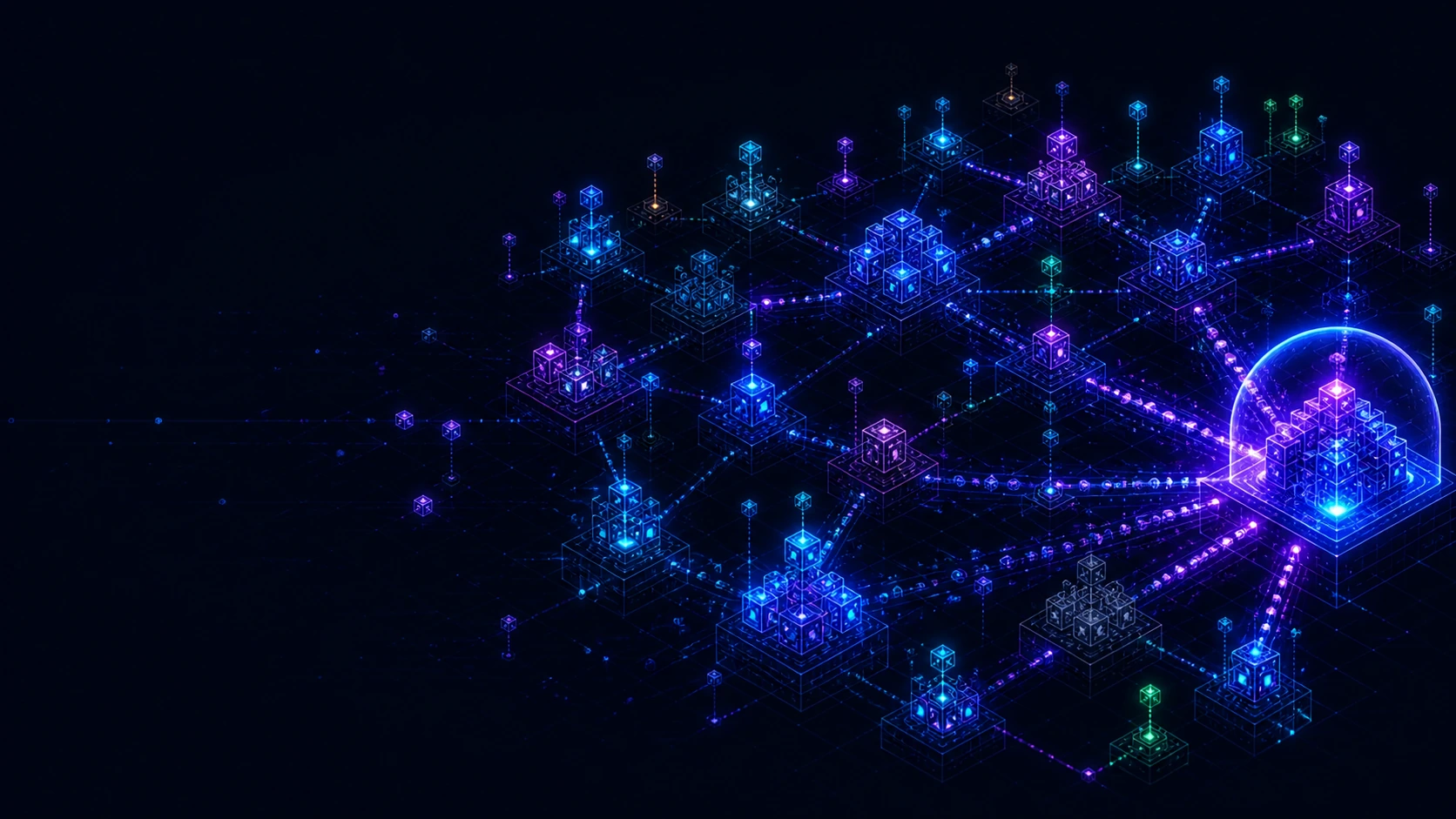 A distributed mesh of varied luminous ZooBC network nodes converges toward a user-controlled assembly point